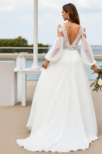 Cold Shoulder Chiffon A Line Ivory Wedding Dress with Lace Appliques